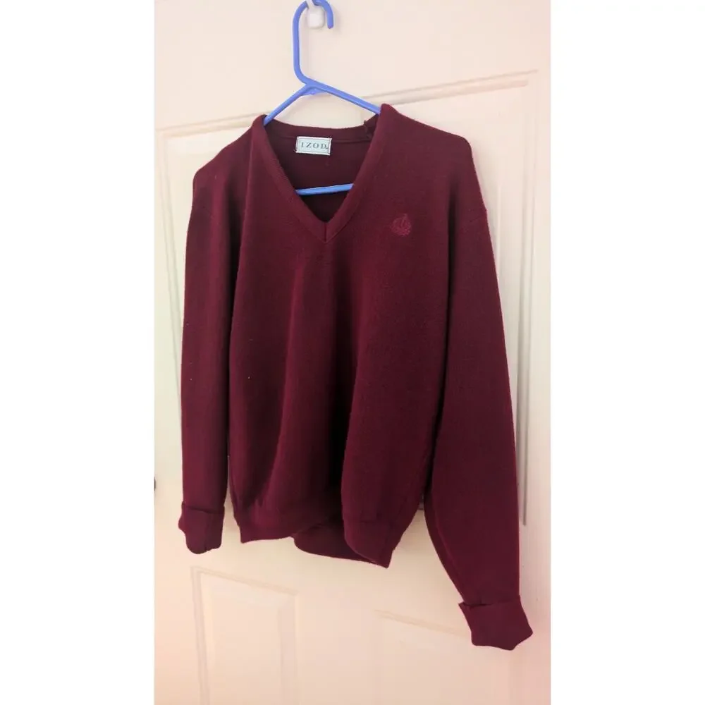 Vintage Izod Red/Burgundy V Neck Sweater Med Mens, Preppy, Casual, Lightweight